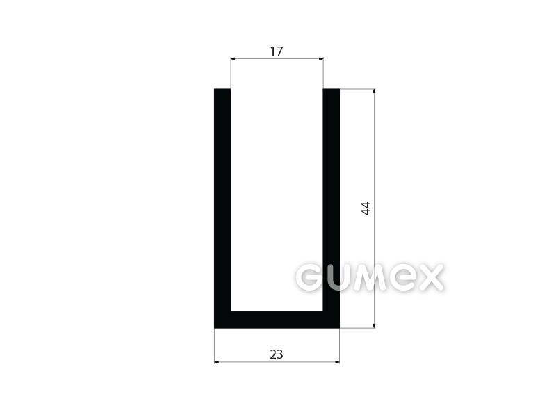 Pryžový profil tvaru "U", 44x23/17mm, 60°ShA, EPDM, -40°C/+100°C, černý